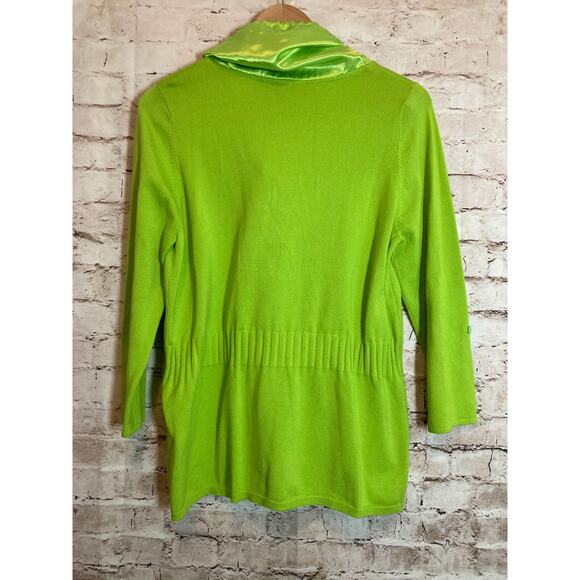 AVA Sweater Womens Large Neon Green Full Front Zip Up Satin Cowl Neck Cardigan - Picture 9 of 12